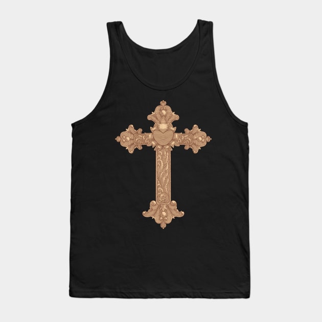 Golden Christian wooden cross with heart and floral ornamental. Easter, symbol of Christianity,. hand drawing vintage engraving style illustration Tank Top by Ardiyan nugrahanta